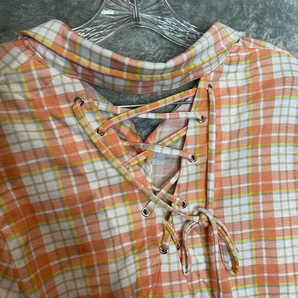 Women Colorful Plaid Lace Up Back Roll Tab Long Sleeve Button Up Shirt XL NWT - Picture 8 of 14